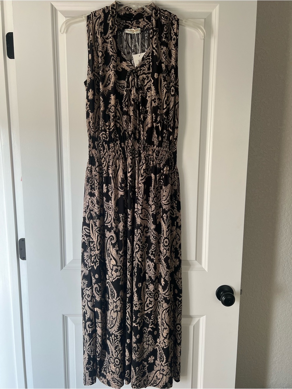 Paisley Print Sleeveless Dress in Black and Tan with a Hint of Gold Thread